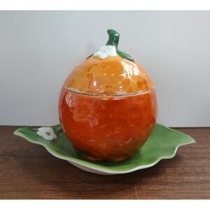 Mid Century ORANGE JAM POT Marmalade Jar Leaf Plate Orange Blossom Sugar Bowl